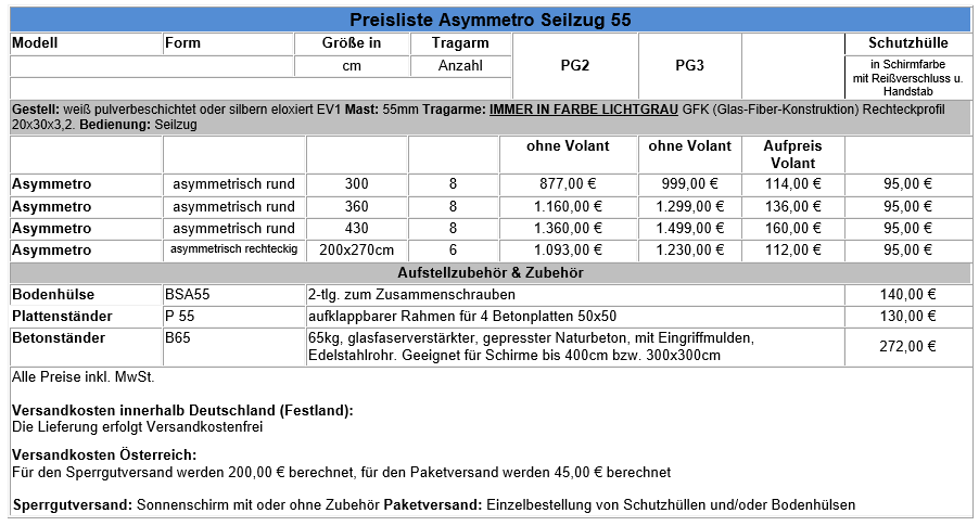 Preisliste Asymmetro mit Seilzugbedienung und 55er Mast