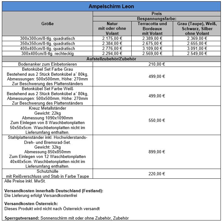 Preisliste Ampelschirm Leon