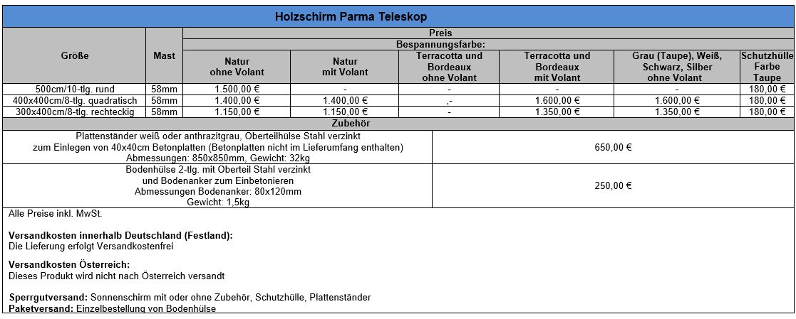 Preisliste Aluschirm mit Teleskopsystem