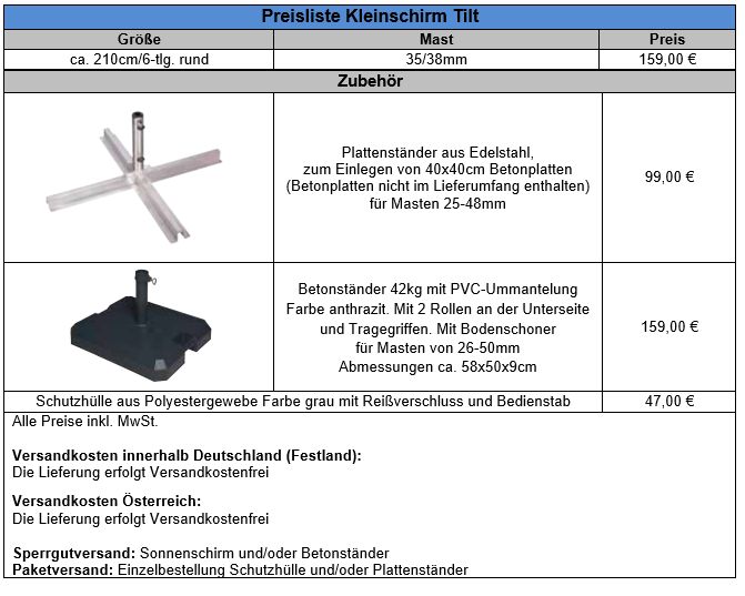 Preisliste f�r Kleinschirm Tilt