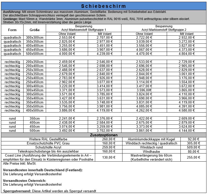 Schiebeschirm-Preisliste